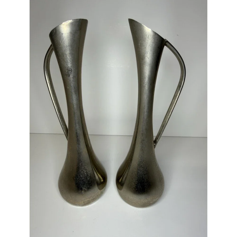 Pair Vintage Silverplate Bud Vases | Mid-Century Modern Ewer Set (7